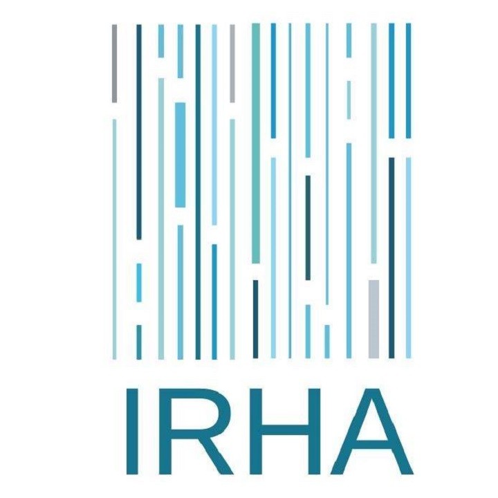 Blue and turquoise vertical lines making up a square with the letters IRHA below in blue.
