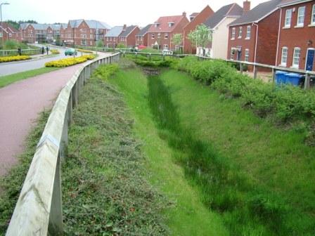Sustainable urban drainage in new housing estate, Cambridgeshire