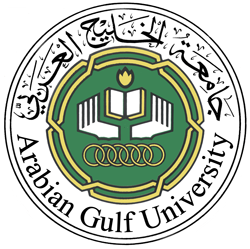 The logo has a white outer ring with black test saying Arabian Gulf University. Inside this is a green circle with a gold outline with hands holding a book and series of interlinked rings.