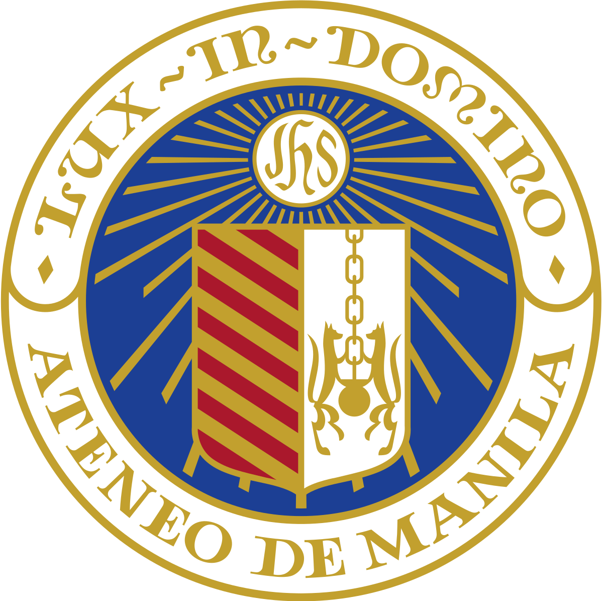 A gold outline of a circle with ATENEO DE MANILA and a blue circle and crest inside.