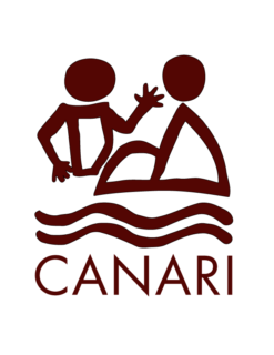 Two stick figure people above two wiggly lines and the letters CANARI all in the colour brown.