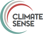 the climate sense logo - the text of climate sense surrounded by blue, grey, and red half circles