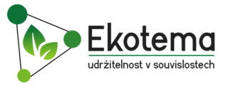 The Ekotema logo is a triangle with green circles at each point of the triangle. At the centre of the triangle there is a cartoon of two green leaves.