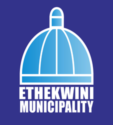 Light blue dome with white border on dark blue background with eThekwini Municipality written in capital white letters under the dome