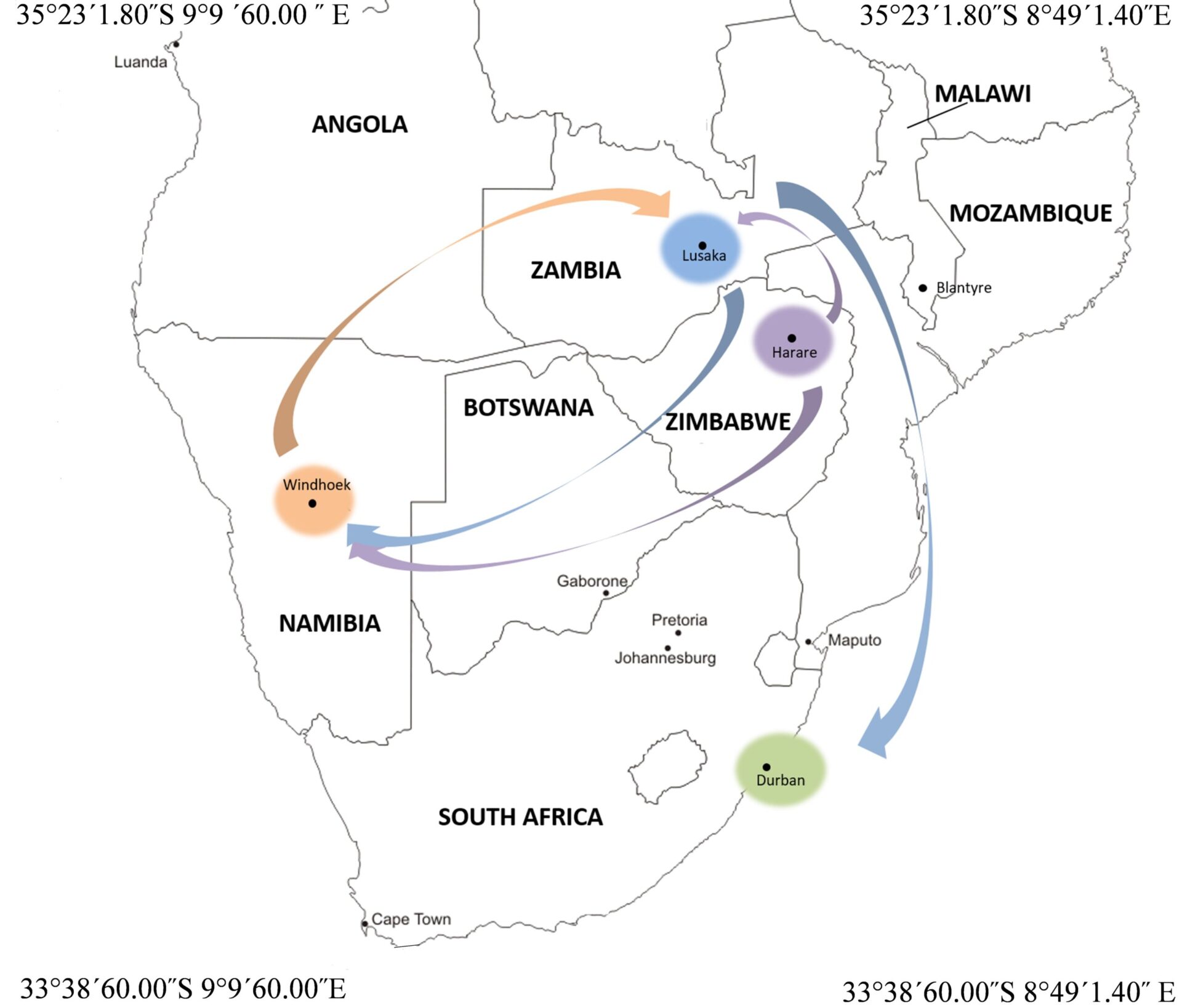 Map showing city exchange routes between the cities of Durban, Harare, Lusaka and Windhoek in southern Africa