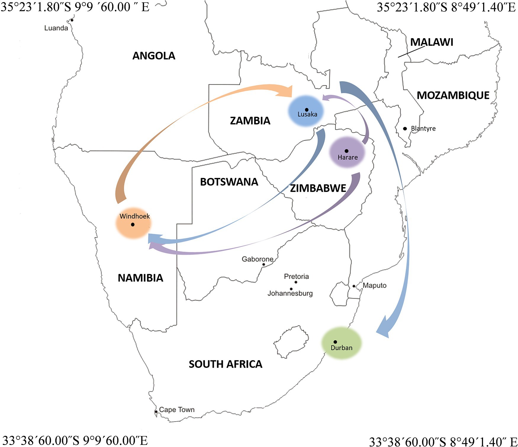 Map showing city exchange routes between the cities of Durban, Harare, Lusaka and Windhoek in southern Africa