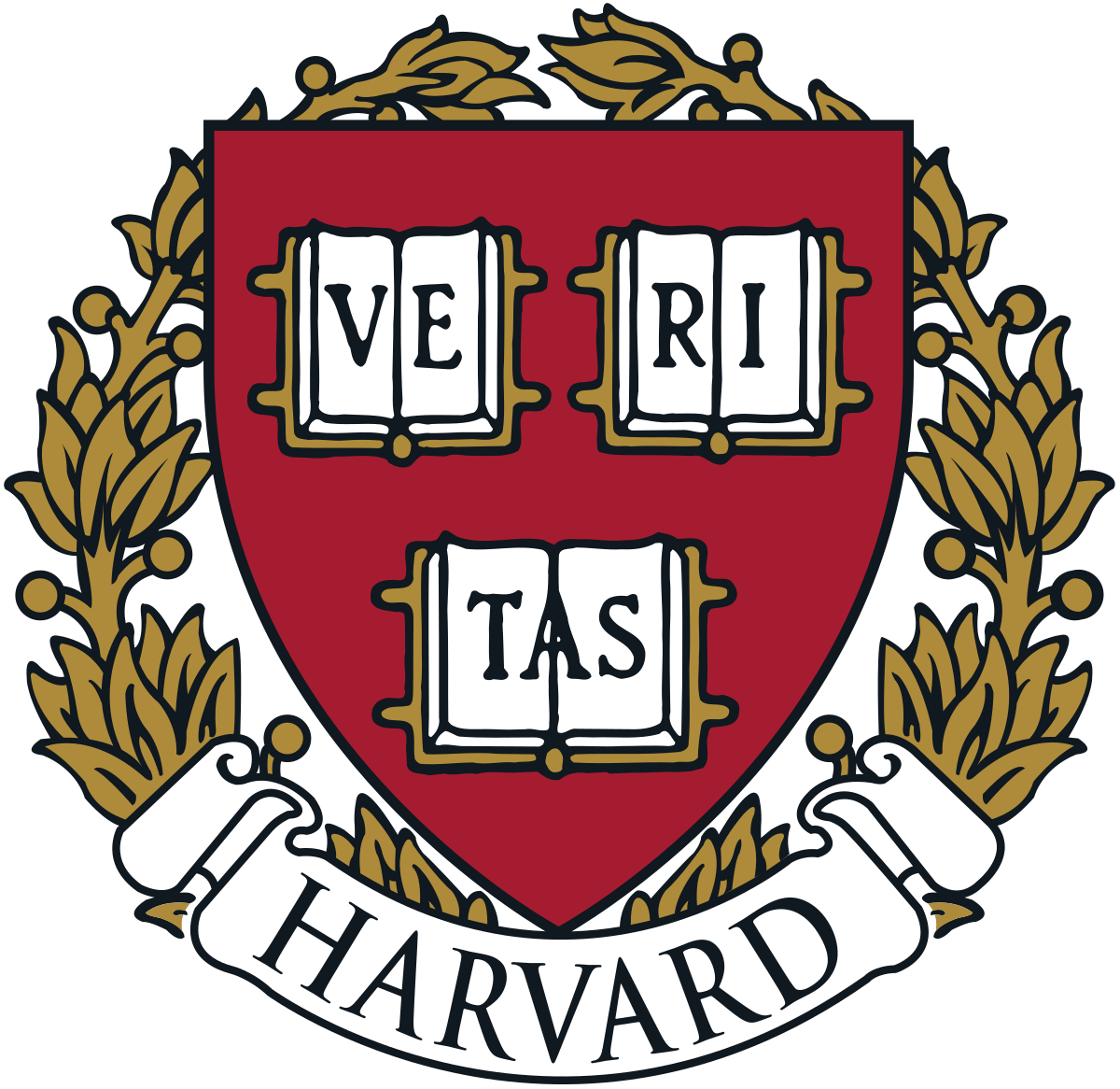 The Harvard University logo is a gold wreath with a red badge in the centre with the word "veritas" on the badge.