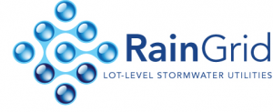 The RainGrid logo consists of nine interconnected water droplets arranged in a diamond pattern with a sub-title: lot-level stormwater utilities.