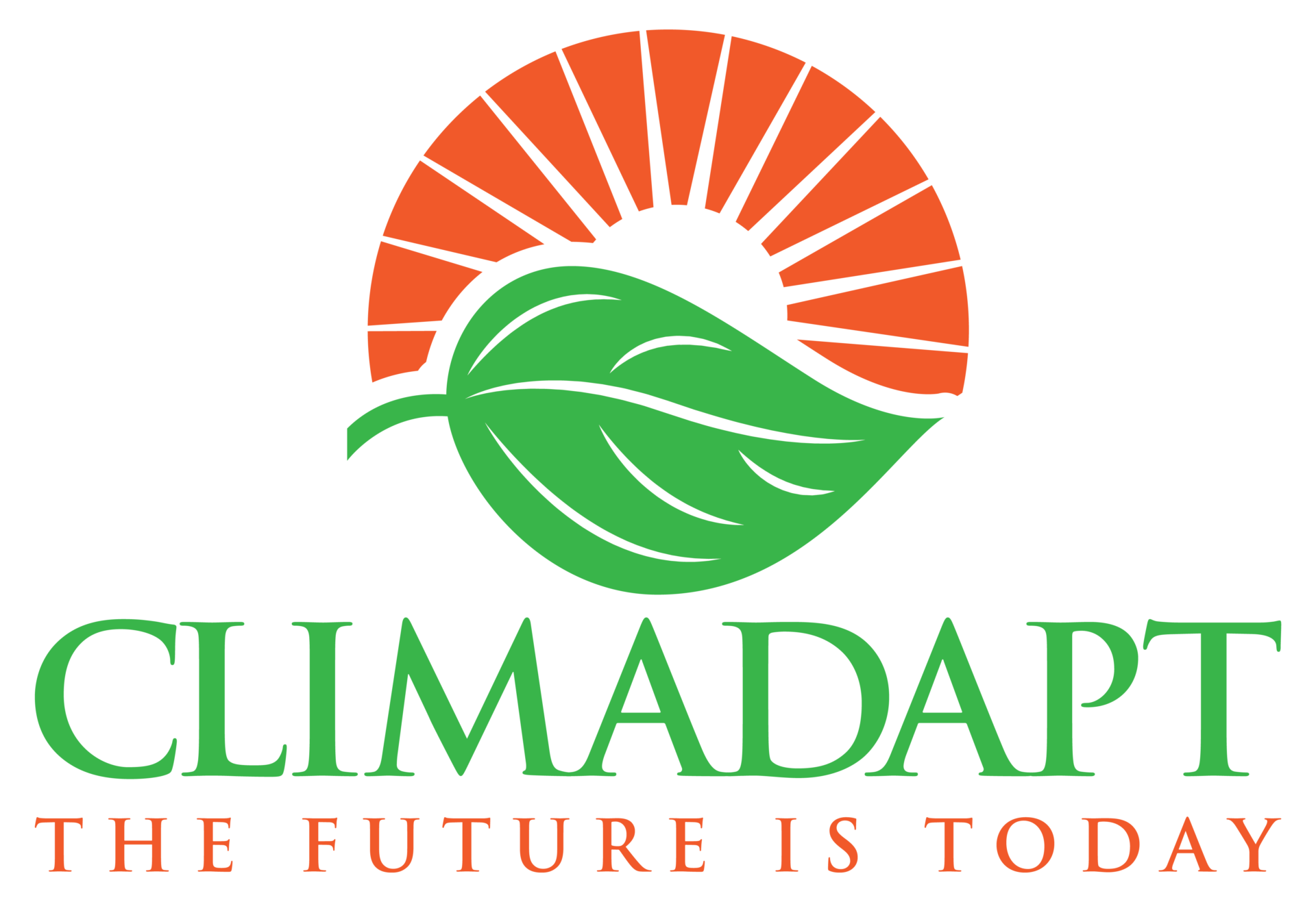 Climadapt logo is a green leaf with an orange sunset behind the leaf.