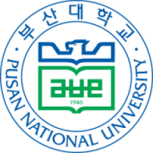 Blue outline of a circle with another blue outline of a circle inside. Includes the words PUSAN NATIONAL UNIVERSITY and a green and blue symbol.