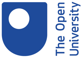 A blue shape with a white circle inside next to the open university in blue