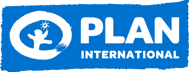 The Plan International logo has a blue background with a white circle. Within the white circle is the silhouette of a figure with a sun in the sky.