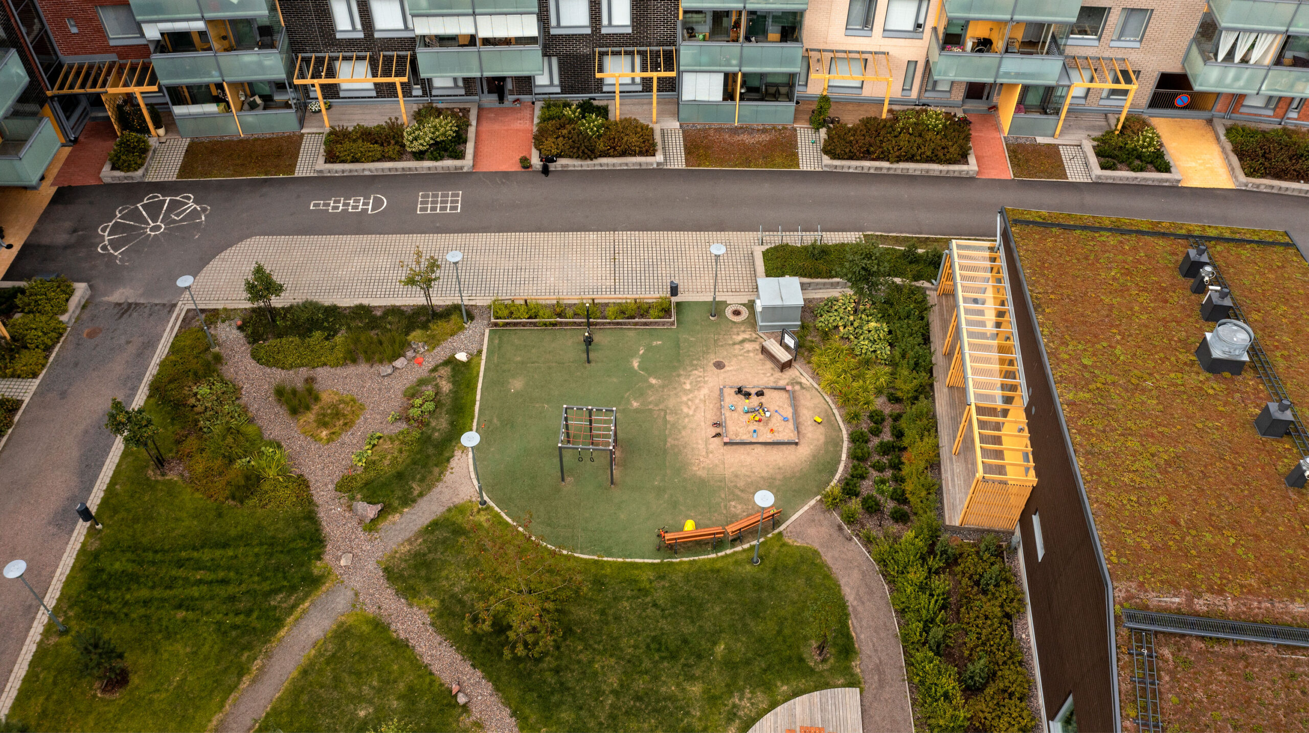 A drone photo showing a green roof, raingardens in front of the buildings, and permeable surfaces.