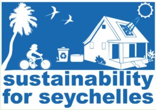 The S4S logo represents sustainability by depicting a building with rainwater harvesting and solar PV, home gardening, a coconut tree representing food security and a person riding a bike representing sustainable transportation