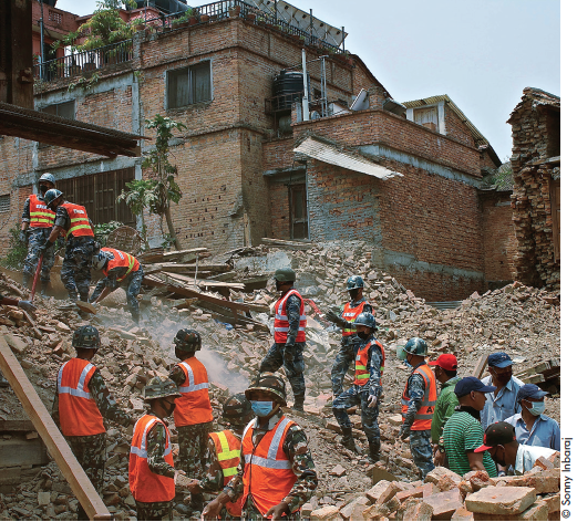 Crews search through the rubble after the Nepal earthquake in April 2015