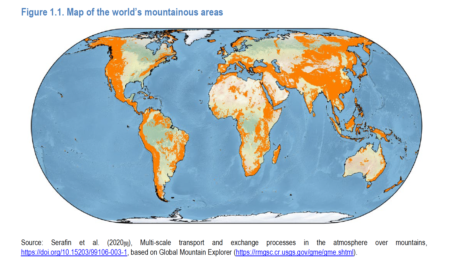 a world map with orange showing mountainous regions