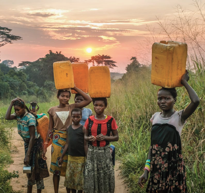 Several women carry yellow water buckets against a sunset