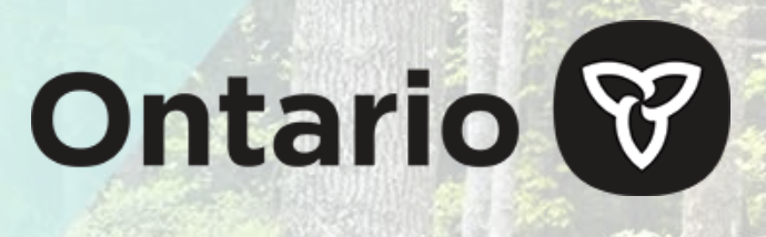 the word ontario next to a symbol of interlocking leaves, backed by trees