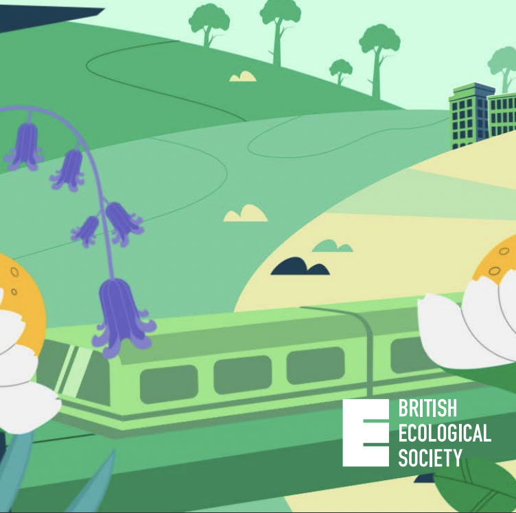 A cartoon image of a typical UK countryside scene. There is a railway line running across the bottom of the image, party obscured by daisies and bluebells. In the background there are a series of rolling hills with trees, footpaths and buildings. The logo for the British Ecological Society is placed in the bottom right-hand corner of the image.