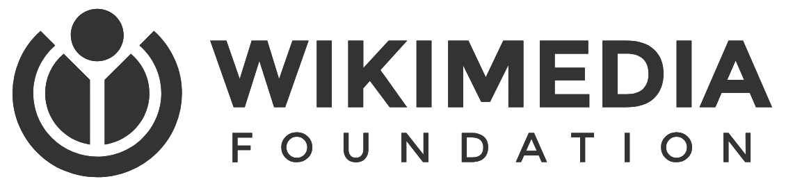 The Wikimedia Foundation logo is a stylised circle with a smaller circle within it, with the outline of a person with their arms reaching upwards in the centre. On the right, Wikimedia Foundation is written in large letters.