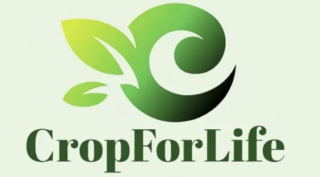 The Crop For Life logo is a green curly letter C with two leaves coming off the letter.