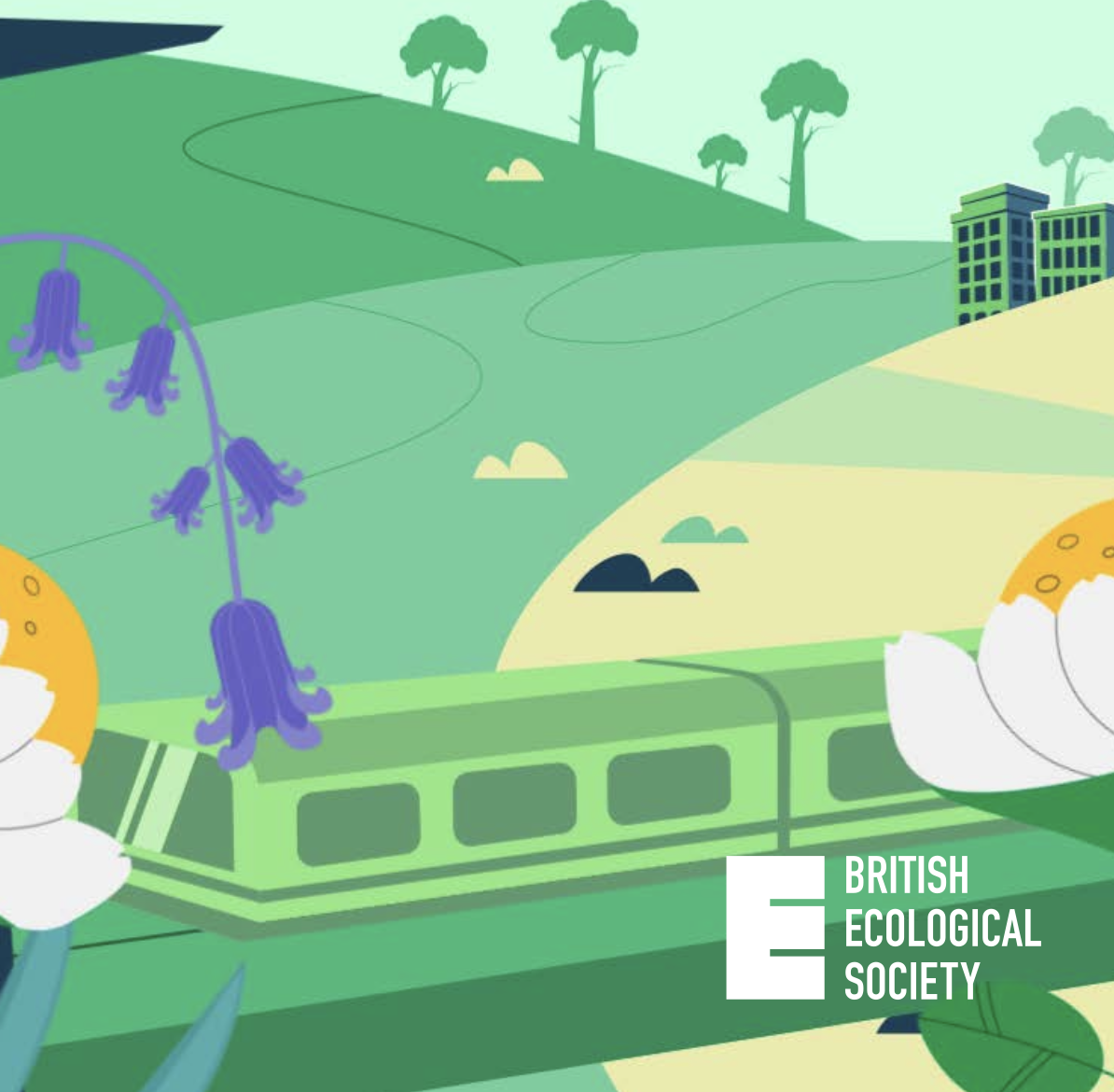 A cartoon image of a typical UK countryside scene. There is a railway line running across the bottom of the image, party obscured by daisies and bluebells. In the background there are a series of rolling hills with trees, footpaths and buildings. The logo for the British Ecological Society is placed in the bottom right-hand corner of the image.