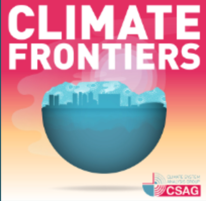 Climate frontiers logo, a half-sphere with a city and mountains on the upper side of the half-sphere.