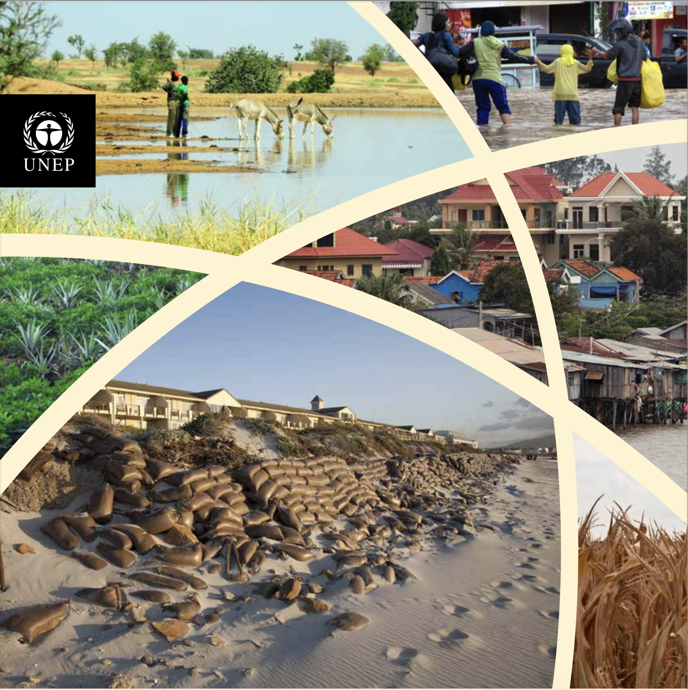 The cover of the PROVIA guidance document, composed of 6 images: image of people walking through a flooded urban area, image of people standing in a flooded field with cattle, 2 images of grass fields, 1 image of a settlement near a river, image of sand dunes