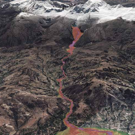 Oblique view of the GLOF hazard map for the Chucchún catchment and the city of Carhuaz, Cordillera Blanca, Peru (cf. Schneider et al. 2014). Background: GoogleEarthTM.