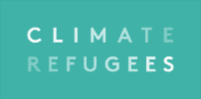 the text climate refugees on a turquoise background