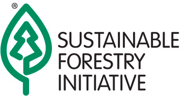 A green outline of a leaf with a tree inside it next to the words Sustainable Forestry Initiative