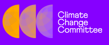Purple background with 3 orange semi circles and the words climate change committee written in white