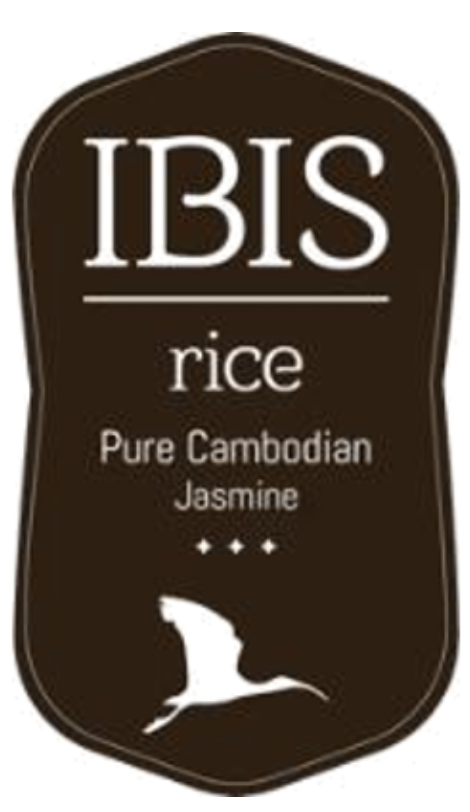 Brown shape with IBIS rice pure Cambodian Jasmine written in white inside, with a white ibis flying