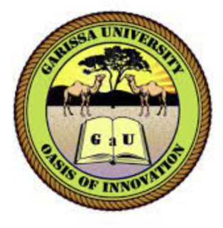 Garissa University Oasis of Innovation in a green ring with 2 camels and a tree and a book inside