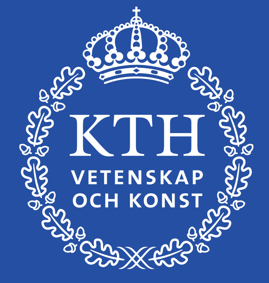 KTH in white with a circle of white leaves and a crown surrounding it in a blue square