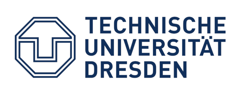 A dark blue octagon with a symbol next to Technische Universität Dresden in dark blue
