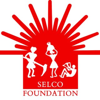 The SELCO foundation logo is the silhouette of three people holding pots and farming equipment on a red background.