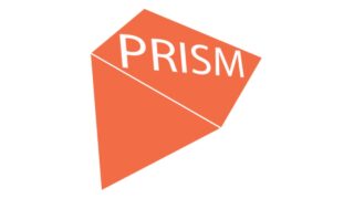 Red prism with pointed end in bottom left corner, the letter PRISM on the flat part of prism in the upper right corner