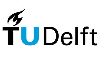 The logo is the words TU Delft, with the U in light blue and the rest of the text in black. There is a black flame above the T.