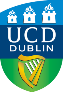 UCD Dublin Logo in light blue, dark blue and green with a gold harp and 3 castle turrets in white