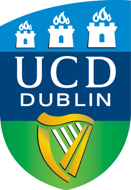 UCD Dublin Logo in light blue, dark blue and green with a gold harp and 3 castle turrets in white