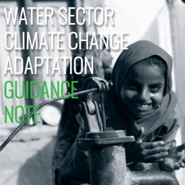 Cover page of Water Sector Climate Change Adaptation Guidance Note: child smiling drinking water from a hand water pump the