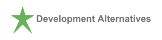 the development alternatives logo - the words of the organization with a green star