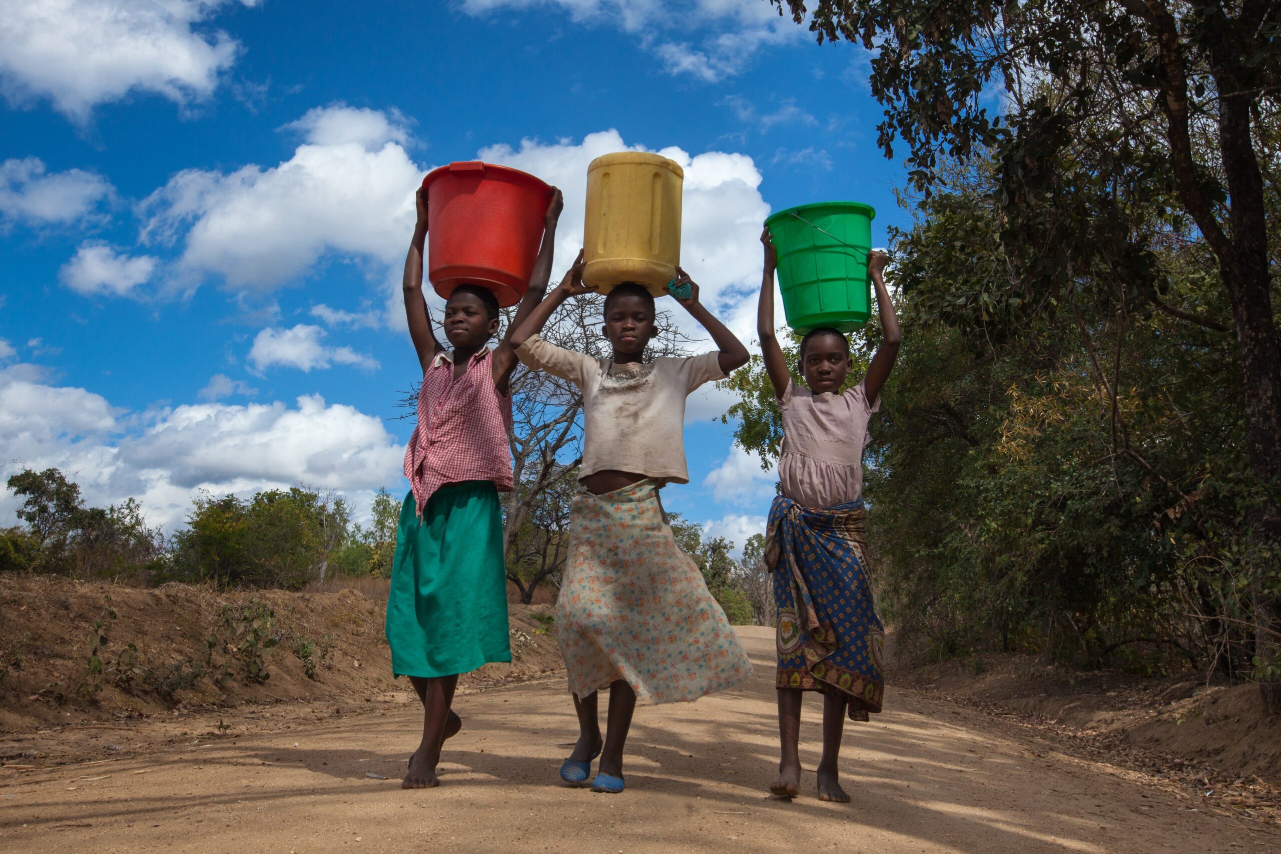 Girls returning from their journey to the nearest borehole, in Balaka District, southern Malawi.