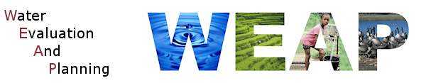 WEAP letters with water, fields, a person collecting water, and birds on a lake, within the letters
