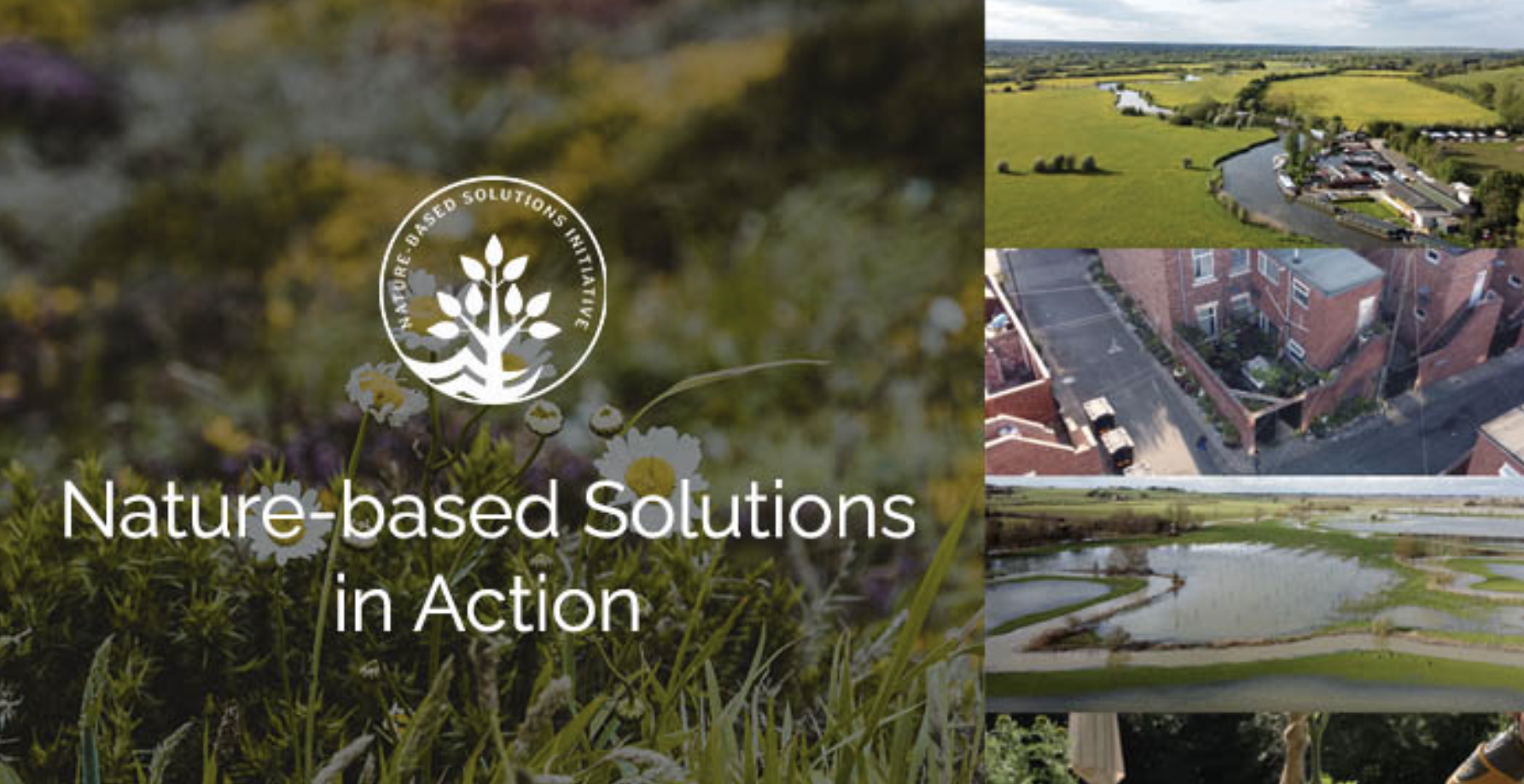 Nature based solutions in action with a green background and 3 aerial photos of country fields, a city, and wetland.