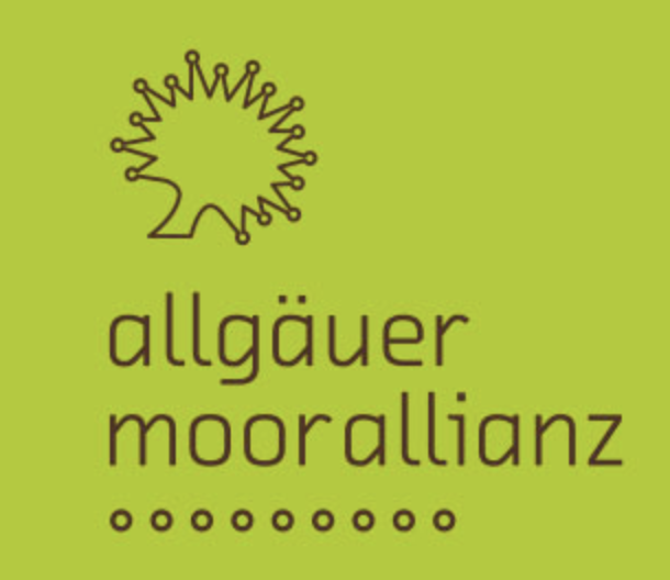 Allgäuer Moorallianz in a lime green square with a brown outline of a spiky tree above.