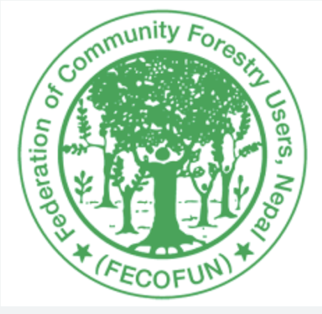 Green circle with a person holding up a tree with Federation of Community Forestry Users Nepal written around the outside
