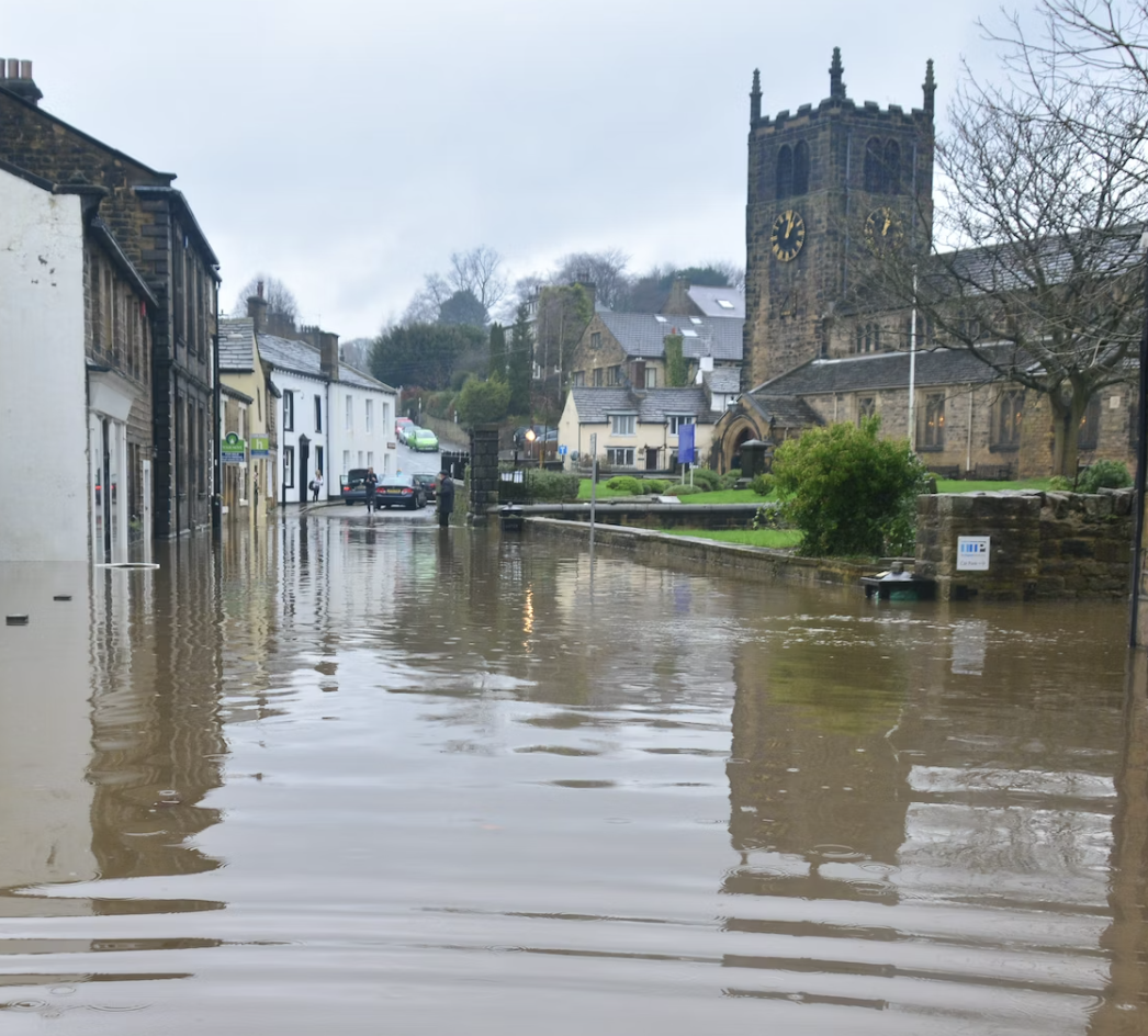 Buildings surrounded by floodwater
