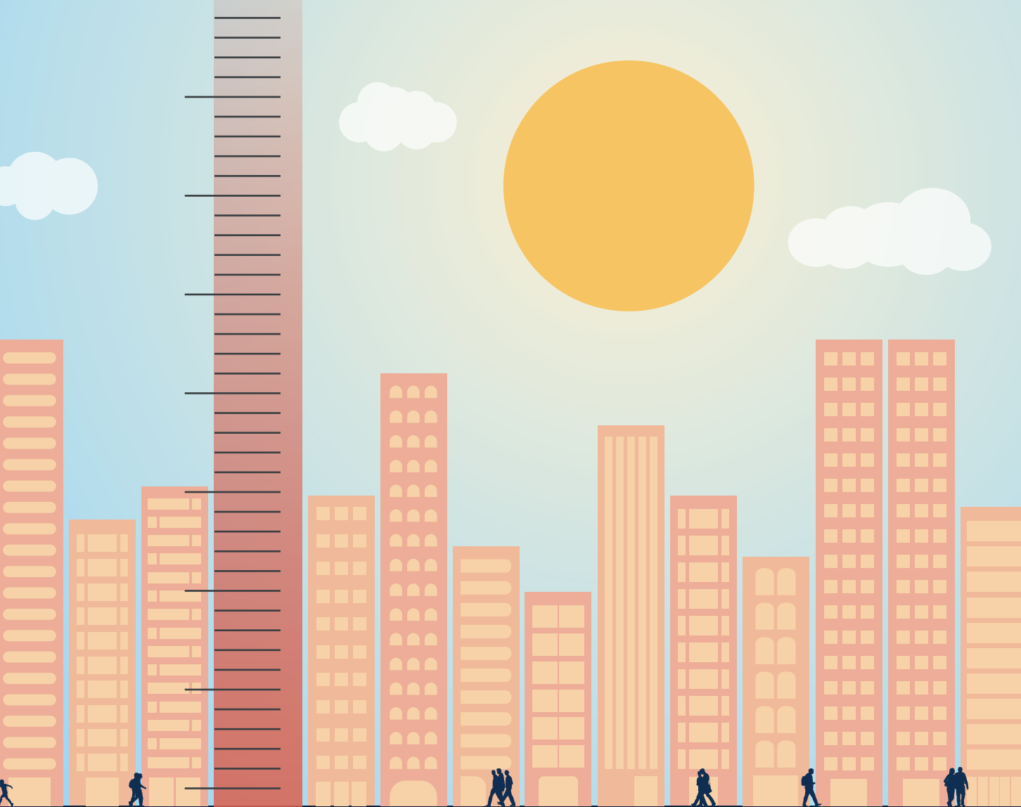 A drawing of skyscrapers next to a thermometer with a yellow sun in the sky
